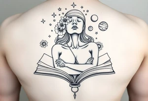 line art drawing of a womans torso coming from an open book. with stars, flowers and planets coming from her head above her nose with no facial features. her arms are crossed onto her shoulders,. tattoo idea