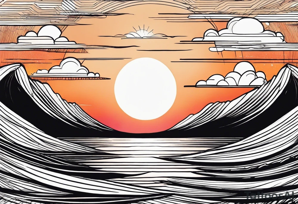 You're adding way too much. hand drawn minimal sunset. Only Ocean and sunset in the image. Very calm waters with barely any waves. tattoo idea