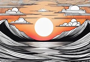 You're adding way too much. hand drawn minimal sunset. Only Ocean and sunset in the image. Very calm waters with barely any waves. tattoo idea