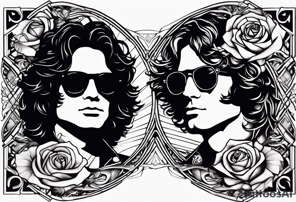 would like a black and white sleeve feautiring Jim Morrison (existing)
 on the upper arm, would like roses and psychadelic shapes in between, Hendrix's guitar, Joplins glasses and Johhn Cash portrait

As a sleeve design for the left arm tattoo idea