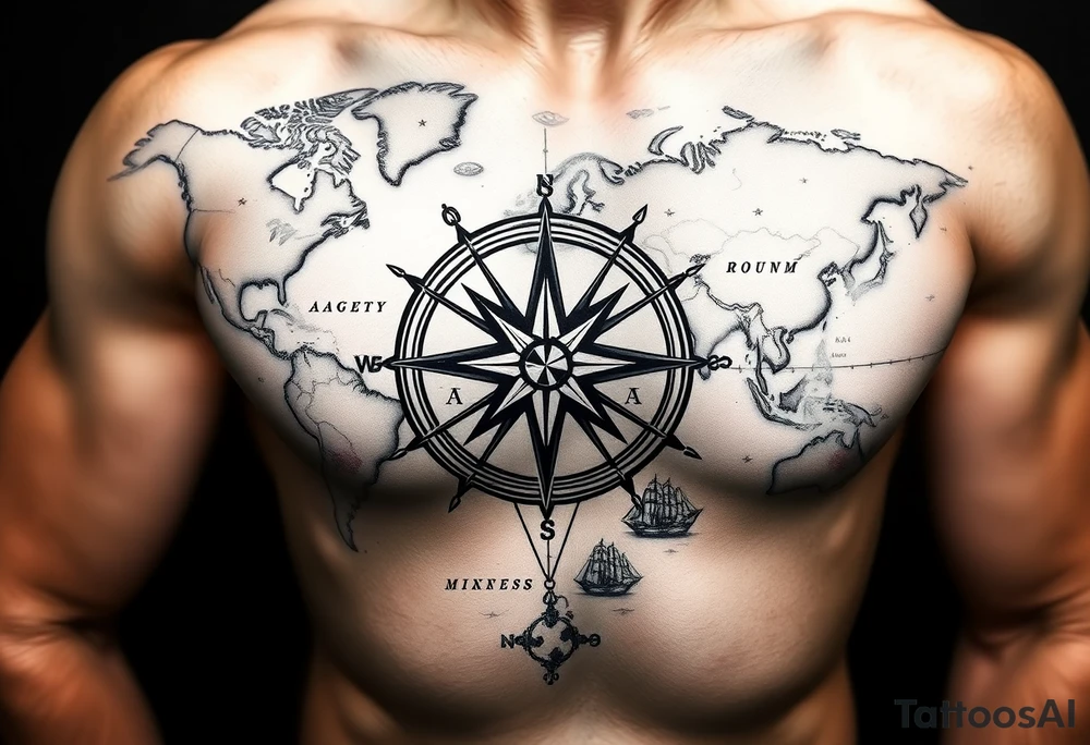 antique compass rose overlaid on weathered world map with sailing ships tattoo idea