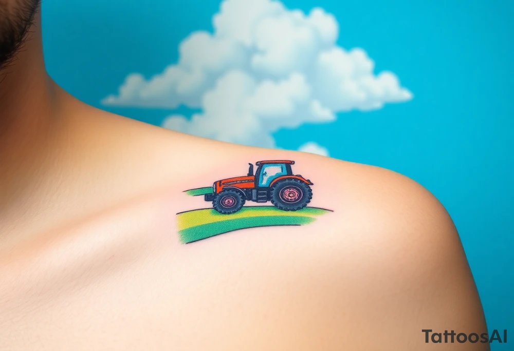 A tractor surrounded by rolling green hills, under a bright blue sky with white fluffy clouds tattoo idea