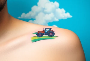 A tractor surrounded by rolling green hills, under a bright blue sky with white fluffy clouds tattoo idea