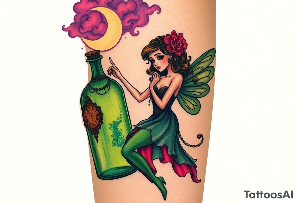 Tim Burton’s kelly doty pin up style Vintage Parisian elegant and hauntingly beautiful yet eerie full body absinthe Green Fairy dances outside her victorian crystal decatur she was once inside this elaborate ornate bottle absinthe bottle Absinthe Art Nouveau   and dripping with muted reds, dusty pinks, and eerie green glow.purple and cyan smokey clouds swirl in the crescent moonlit sky thats sprinkled with stars tattoo idea