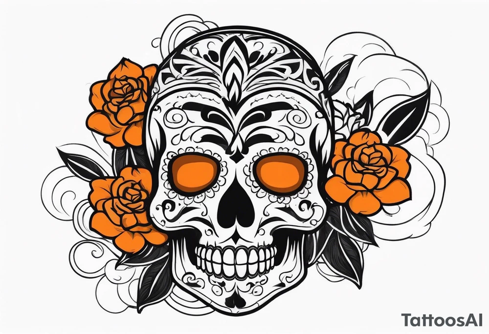 Mexican skull with smoke coming out of the bottom orange and black tattoo idea