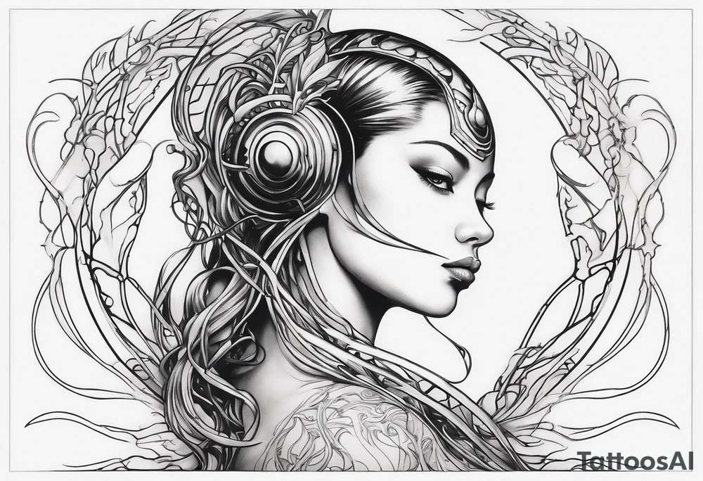 Hajime Sorayama type blended with HR Giger alien woman with vines tattoo idea