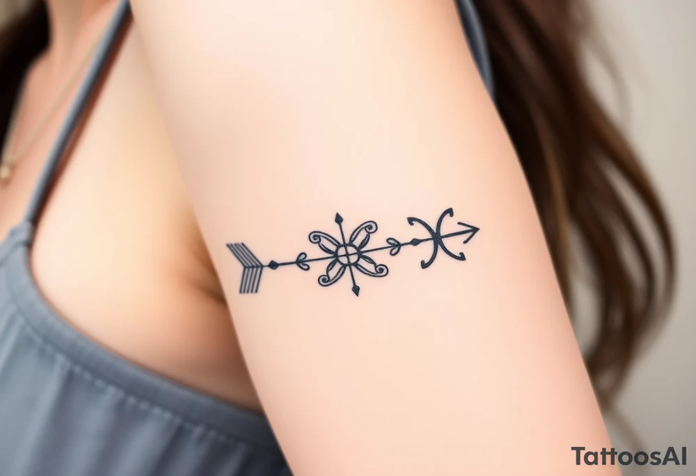 Geometric arrow with 5 Symbolic elements for each family member. Two base elements for my husband and I, intertwined floral patterns like mirrored vines or spiral paisleys representing our identical twins, and a Gemini zodiac sign for my son. Use feminine-yet-bold linework and Interconnected elements to reflect family unity tattoo idea