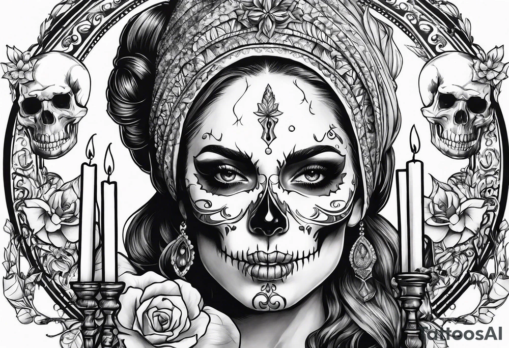 Skull and candle and evil woman's face above tattoo idea