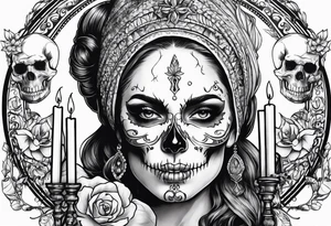 Skull and candle and evil woman's face above tattoo idea