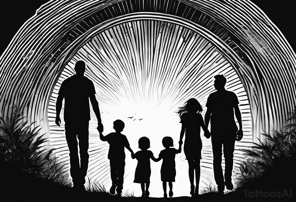 chest and sleeve sun rays with road and dad, daughter and son silhouette tattoo idea