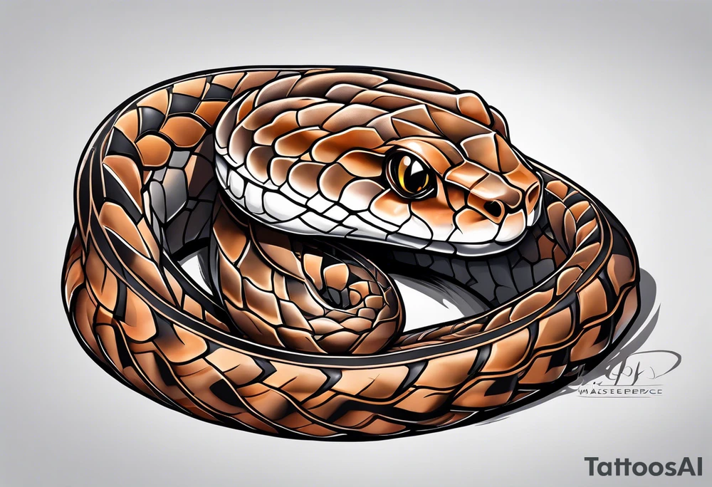 Copperhead coiled up with head turned up and mouth open and copper colored eyes tattoo idea