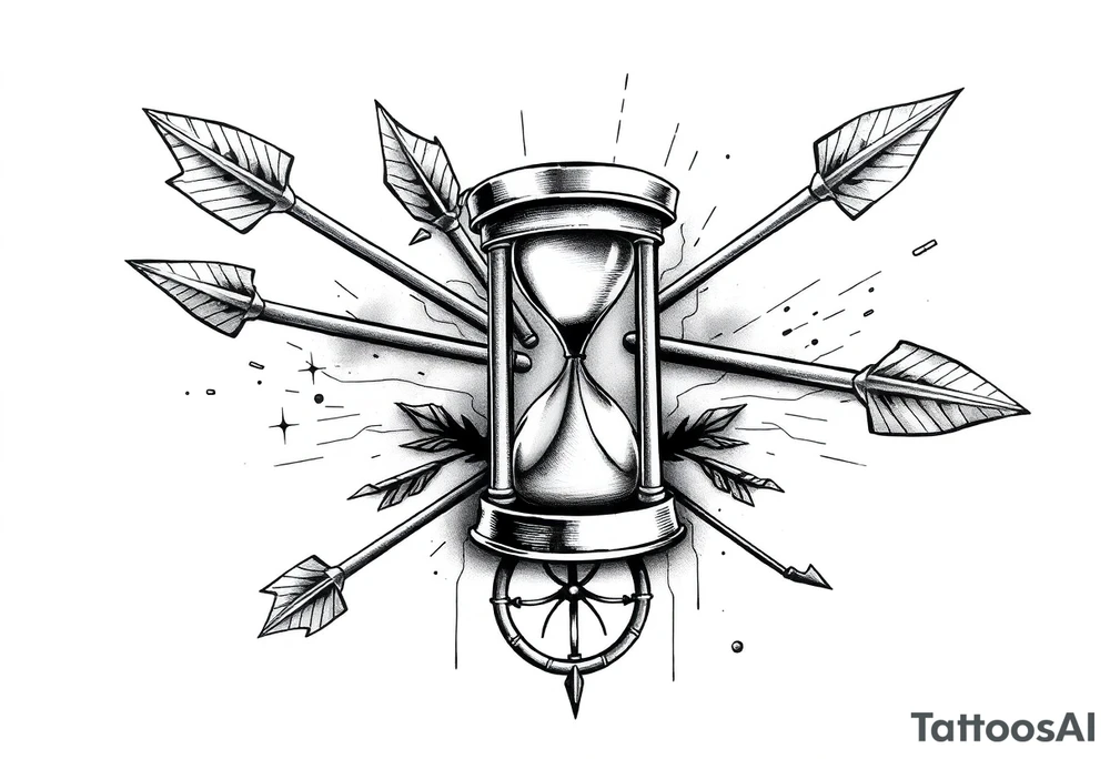 Detailed arrows pointing different ways with hourglass and compass over top tattoo idea