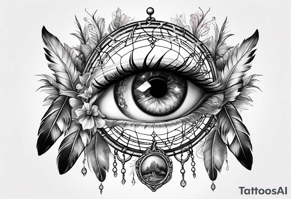 A eyeball with fairies and mushrooms in a dreamcatcher with feathers tattoo idea