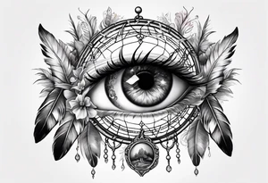 A eyeball with fairies and mushrooms in a dreamcatcher with feathers tattoo idea