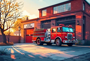 A fire station with an old-school red fire truck parked in front, with warm brick textures and golden sunlight casting long shadows. tattoo idea