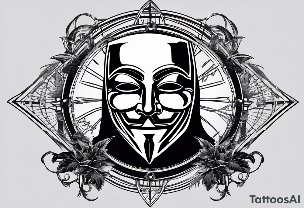 Centered v for vendetta, mask only. No hat.   Vintage compass surround. Crossed fencing swords. Pop art tattoo idea