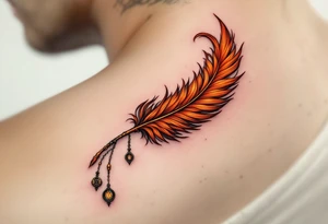 A burnt orange phoenix feather curling into a spiral with protective charms hanging from it. tattoo idea