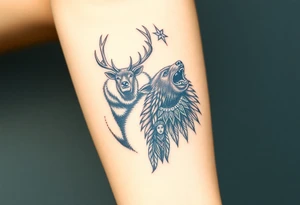 Indigenous, Majestic, and Powerful male Goliath Grizzly Bear and an Indigenous, Majestic, and Powerful King Elk guarding an Indigenous, Majestic, and Powerful Raven haired Warrior Squaw tattoo idea