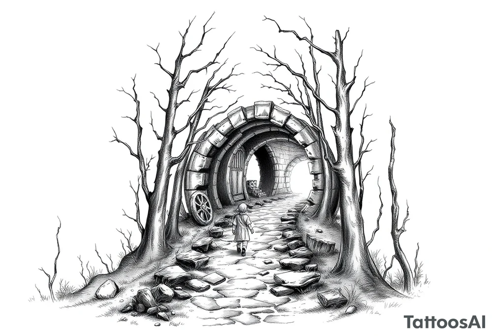 A boy walking up a forest path, DnD inspired, broken down carriage, tavern, glowing tunnel tattoo idea