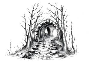 A boy walking up a forest path, DnD inspired, broken down carriage, tavern, glowing tunnel tattoo idea