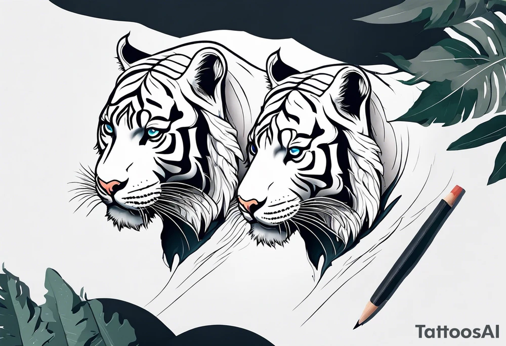 Two white tigers in nature separated by a waterfall tattoo idea