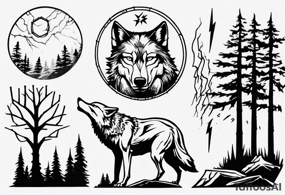 lightning over forest with wolf howling on drum tattoo idea lightning over forest with wolf howling on drum tattoo idea