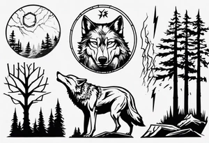 lightning over forest with wolf howling on drum tattoo idea