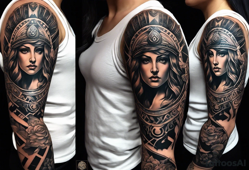 A full tattoo sleeve inspired by Greek mythology, centered around the Greek goddess Athena. Athena is portrayed with a strong, commanding presence, symbolizing wisdom, strength, and warfare. The design emphasizes bold, clean lines with a focus on sharp contrasts, creating a powerful and dynamic visual impact. Surrounding Athena, incorporate a mandala effect with geometric patterns that evoke a sense of order and strategy, reflecting her role as a warrior goddess. The sleeve also features masculine elements such as a fierce owl with piercing eyes, an ornate warrior’s helmet, and olive branches intertwined with Spartan-style armor, all seamlessly integrated into the design. The overall aesthetic is strong, rugged, and heroic, capturing the essence of Athena’s wisdom and martial prowess in a way that resonates with a masculine energy. tattoo idea