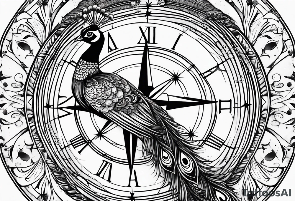 Peacock feather turning into a compass surrounded by stars tattoo idea