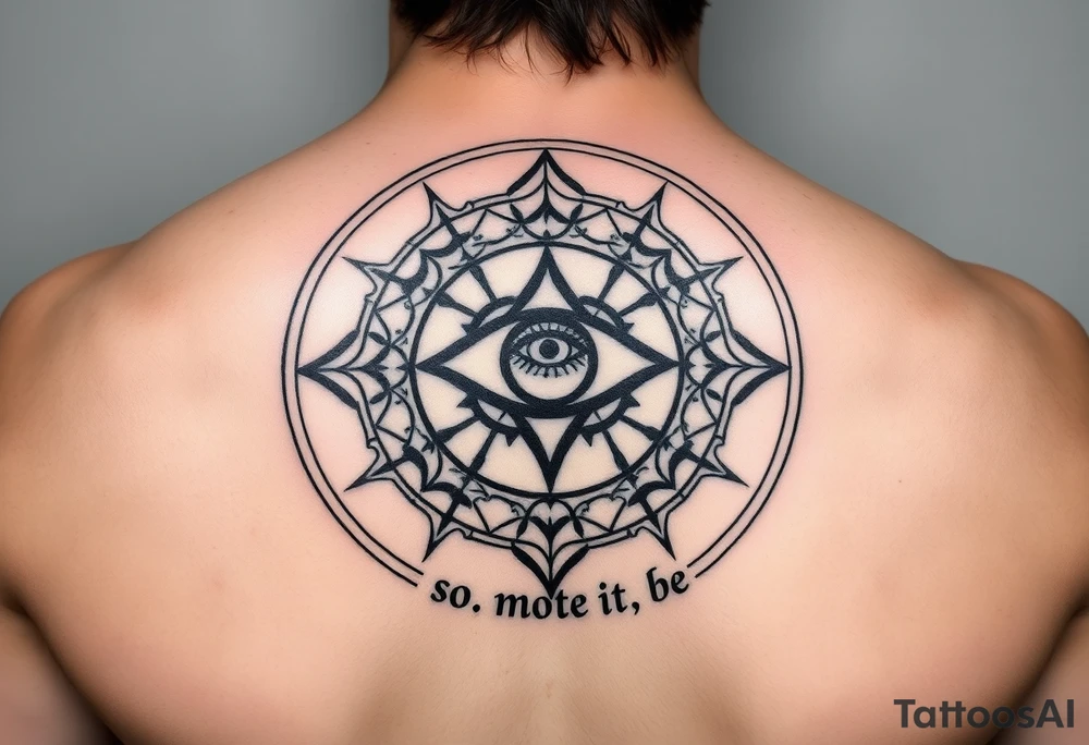 A abundance and protection symbol with an evil eye protection symbol (not an eye) in full color in the center of it.  I’d like it windy very small “so mote it be” with a magic wand  make exactly what I type don’t forget so mote it be tattoo idea