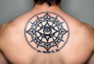 A abundance and protection symbol with an evil eye protection symbol (not an eye) in full color in the center of it.  I’d like it windy very small “so mote it be” with a magic wand  make exactly what I type don’t forget so mote it be tattoo idea