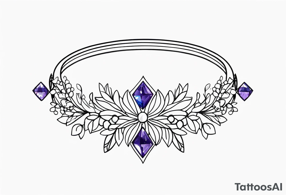 Delicate but strong garter tattoo band with sprinkles of stars and the amethyst, blue sapphire and peridot birthstones tattoo idea