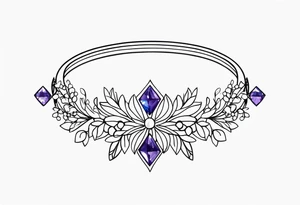 Delicate but strong garter tattoo band with sprinkles of stars and the amethyst, blue sapphire and peridot birthstones tattoo idea