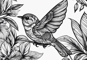 genera un tatuaje de unas hojas de laureles con un par de colibríes enfrentados en el medio y una fecha entre ellos tattoo idea