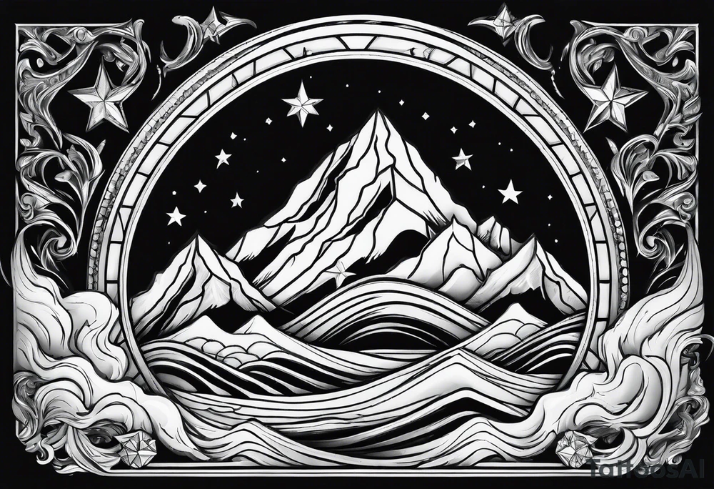a diamond window with waves crashing on a mountain. 3 stars in the sky tattoo idea
