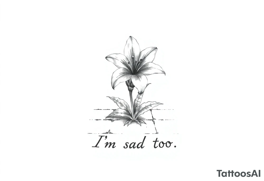 Lily growing out of tile floor with the words I’m sad too written small in the grout between two tiles tattoo idea