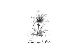 Lily growing out of tile floor with the words I’m sad too written small in the grout between two tiles tattoo idea