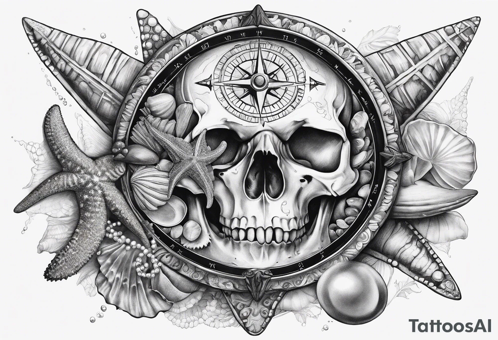 Compass, shells, shark teeth, starfish, oyster with pearl, skull tattoo idea