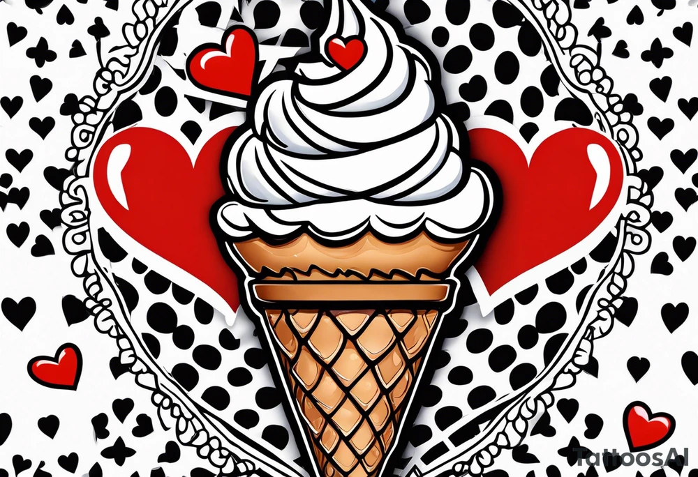 chocolate chip ice cream cone with one red heart tattoo idea
