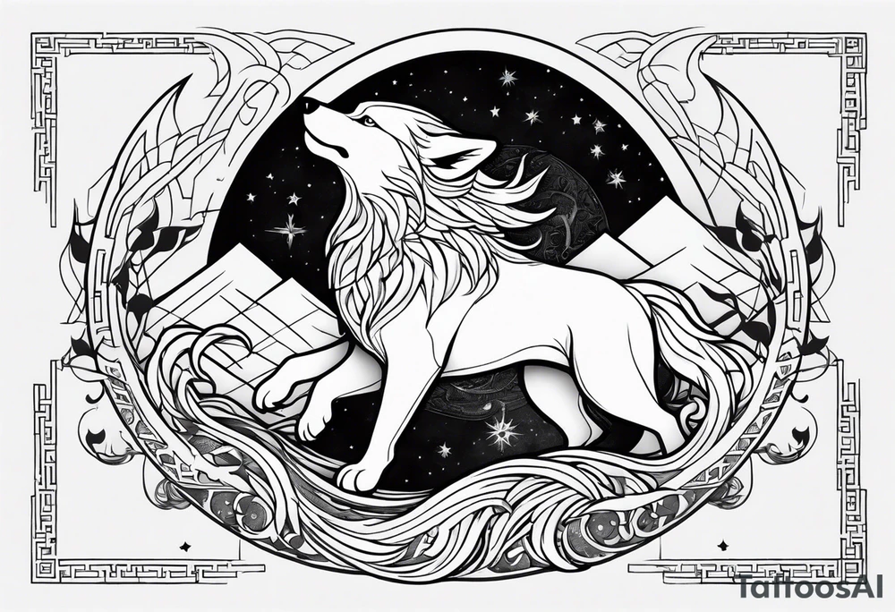 yang yang wolf chasing the moon and sun with Jörmungandr wrapped around it tattoo tattoo idea