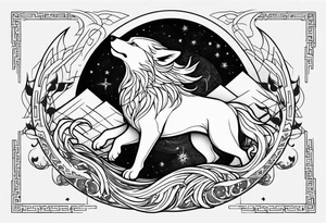 yang yang wolf chasing the moon and sun with Jörmungandr wrapped around it tattoo tattoo idea