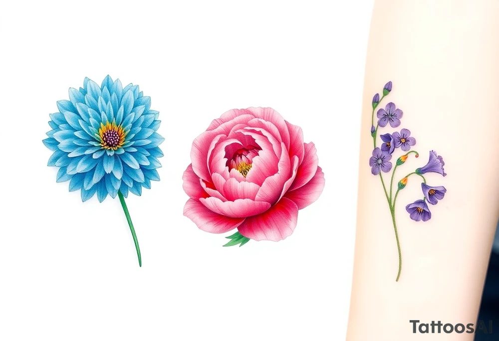 Three separate flowers. Blue Chrysanthemum, pink Peony, and Purple Larkspur. tattoo idea
