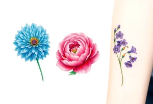 Three separate flowers. Blue Chrysanthemum, pink Peony, and Purple Larkspur. tattoo idea