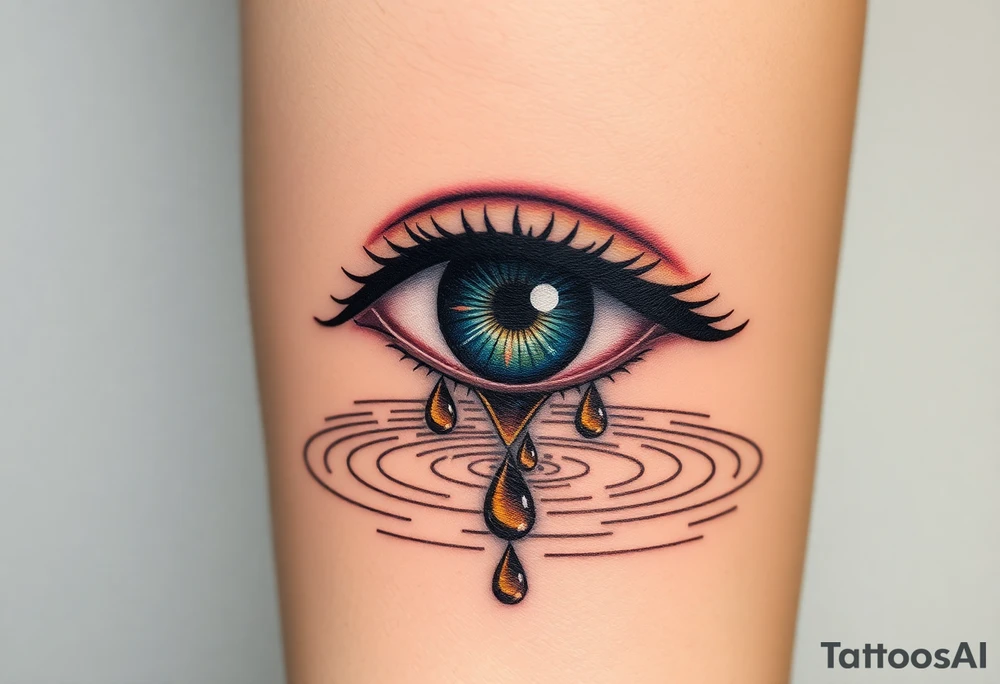 Teary eye with A collection of teardrops falling down into a still pool, with soft ripples in golden and silver hues, symbolizing how tears spread healing. tattoo idea