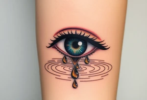 Teary eye with A collection of teardrops falling down into a still pool, with soft ripples in golden and silver hues, symbolizing how tears spread healing. tattoo idea