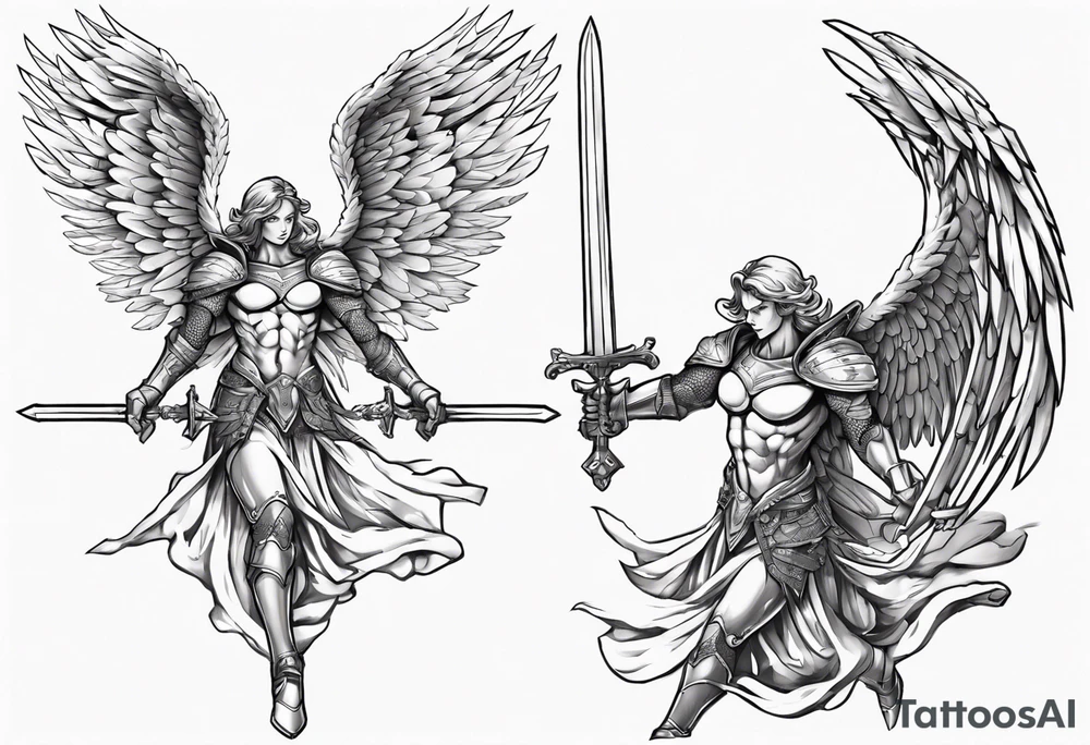 A winged angel wearing armor that is in mid-air with his two-handed sword about to attack in isometric view. tattoo idea