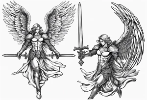 A winged angel wearing armor that is in mid-air with his two-handed sword about to attack in isometric view. tattoo idea