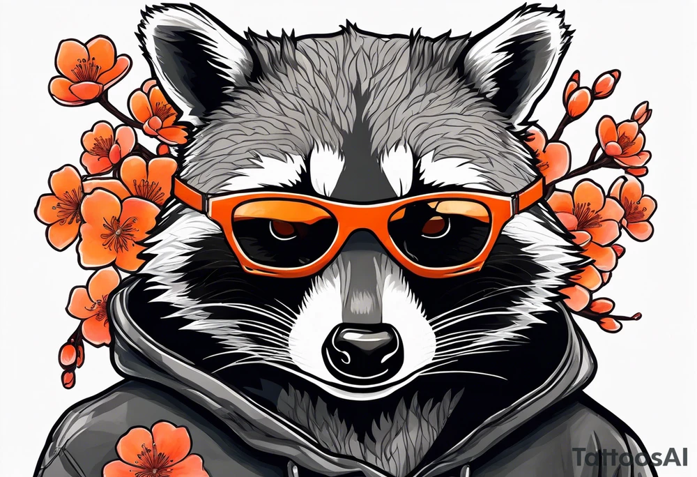 Raccoon wearing a white Superman logo on a black hoodie and orange Japanese cherry blossoms tattoo idea