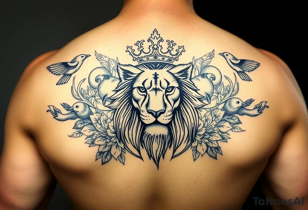 powerful majestic lion with a crown, surrounded by floral ornaments and birds tattoo idea
