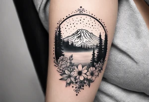 mount rainier with flowers around it tattoo idea